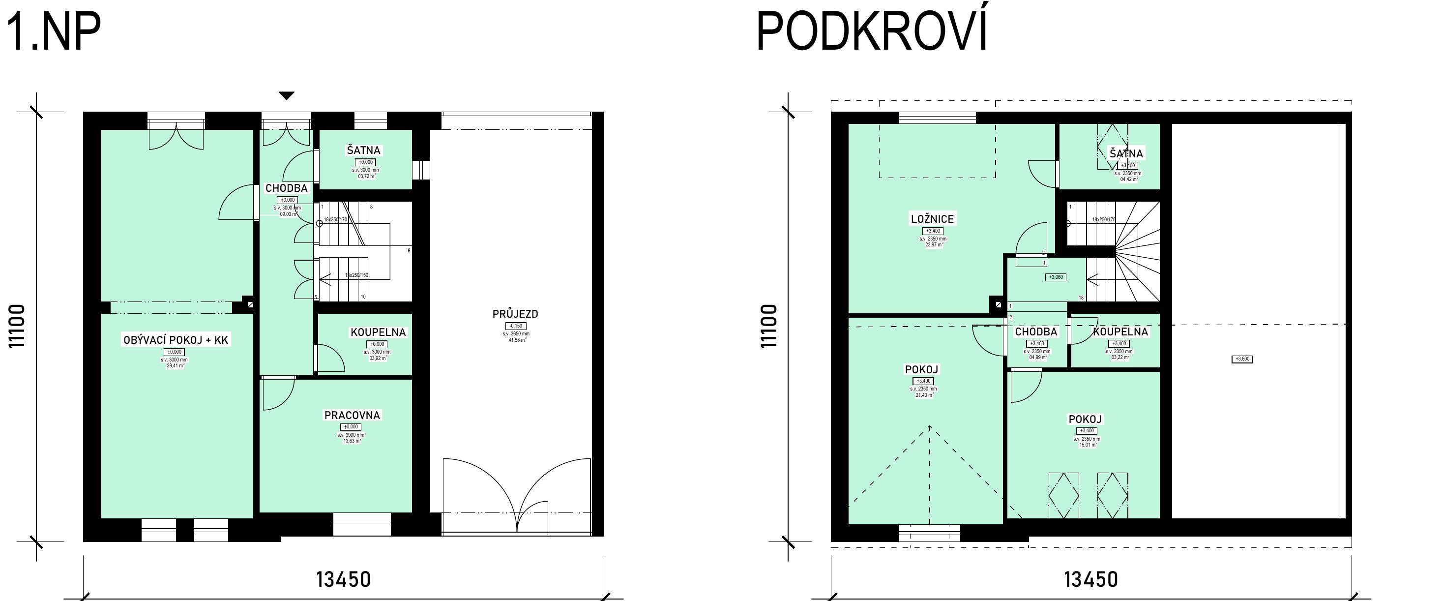 Půdorys varianty 1, jeden mezonetový byt, přízemí a podkroví